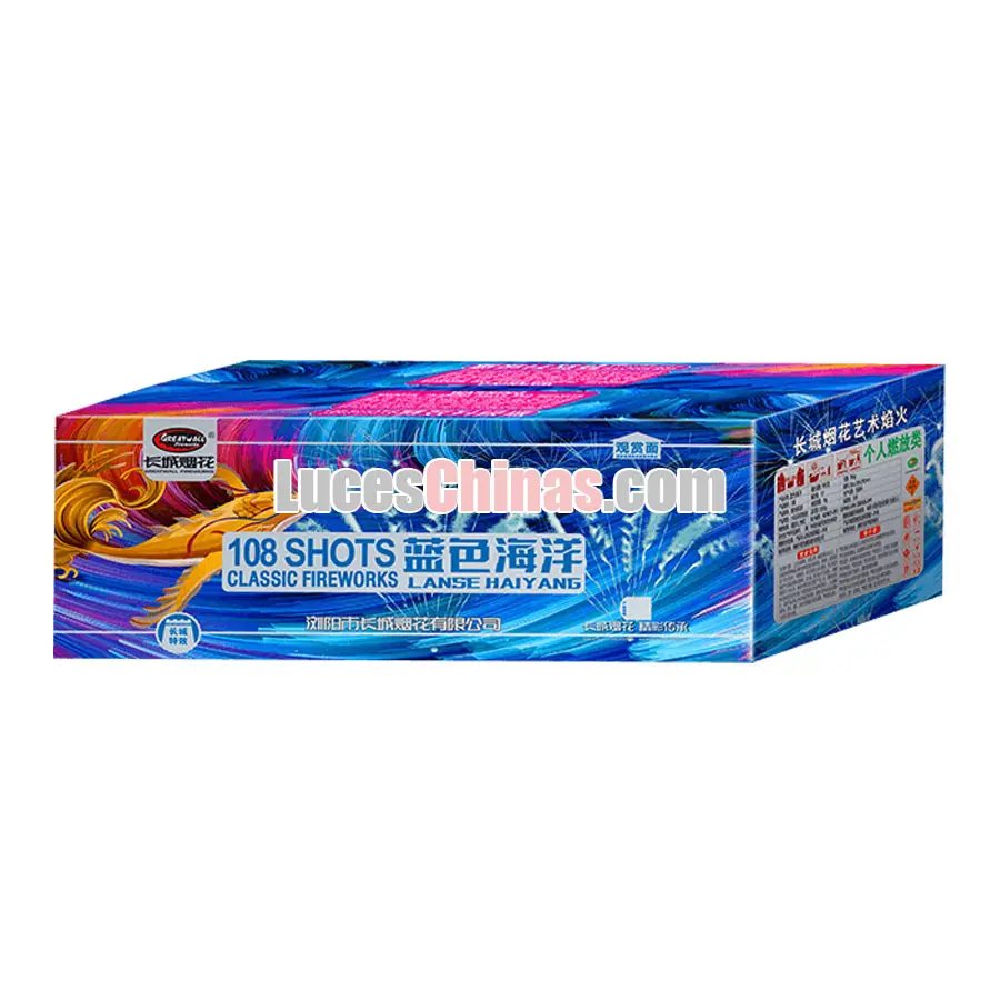 Disfruta de un espectáculo lleno de color con este abanico pirotécnico de 108 disparos, que ilumina el cielo con hermosos efectos en tonos azules y celestes. Su amplia apertura crea una presentación visual llamativa, ideal para celebraciones, fiestas y ev